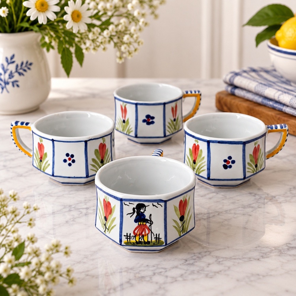 Vintage HB Quimper Teacups Set of 4 White Blue Hand Painted Folk Art Cottagecore
